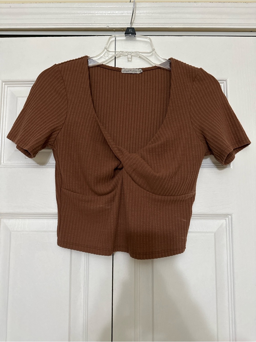 Ribbed Twist-Front Crop Top - Brown